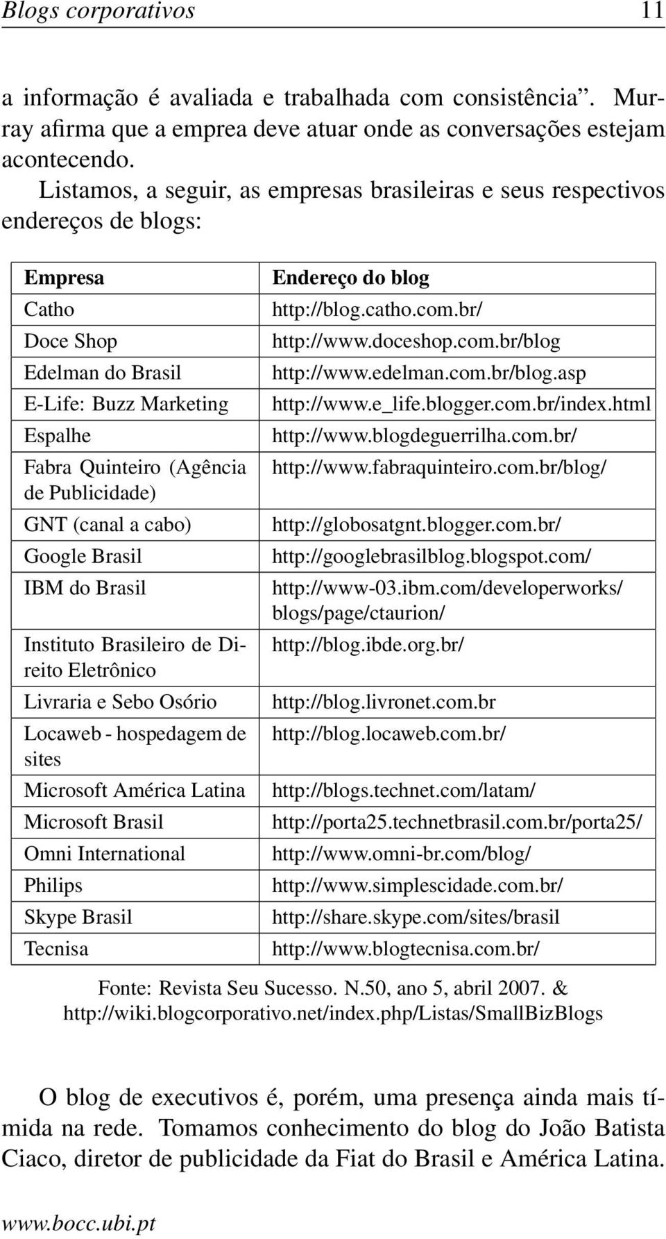 GNT (canal a cabo) Google Brasil IBM do Brasil Instituto Brasileiro de Direito Eletrônico Livraria e Sebo Osório Locaweb - hospedagem de sites Microsoft América Latina Microsoft Brasil Omni