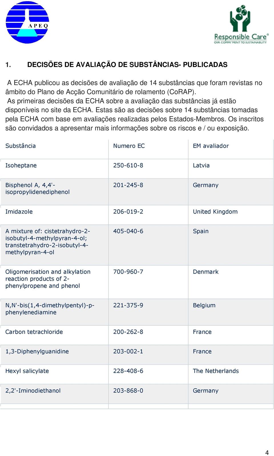 Estas são as decisões sobre 14 substâncias tomadas pela ECHA com base em avaliações realizadas pelos Estados-Membros.