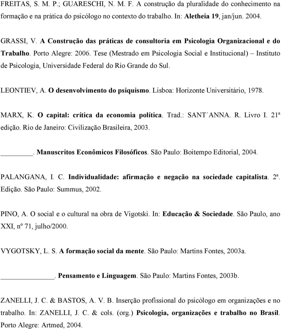 Tese (Mestrado em Psicologia Social e Institucional) Instituto de Psicologia, Universidade Federal do Rio Grande do Sul. LEONTIEV, A. O desenvolvimento do psiquismo.