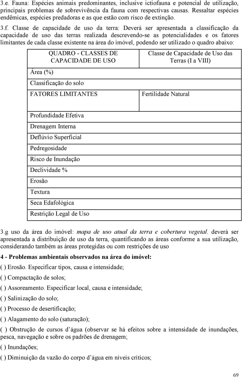 Classe de capacidade de uso da terra: Deverá ser apresentada a classificação da capacidade de uso das terras realizada descrevendo-se as potencialidades e os fatores limitantes de cada classe