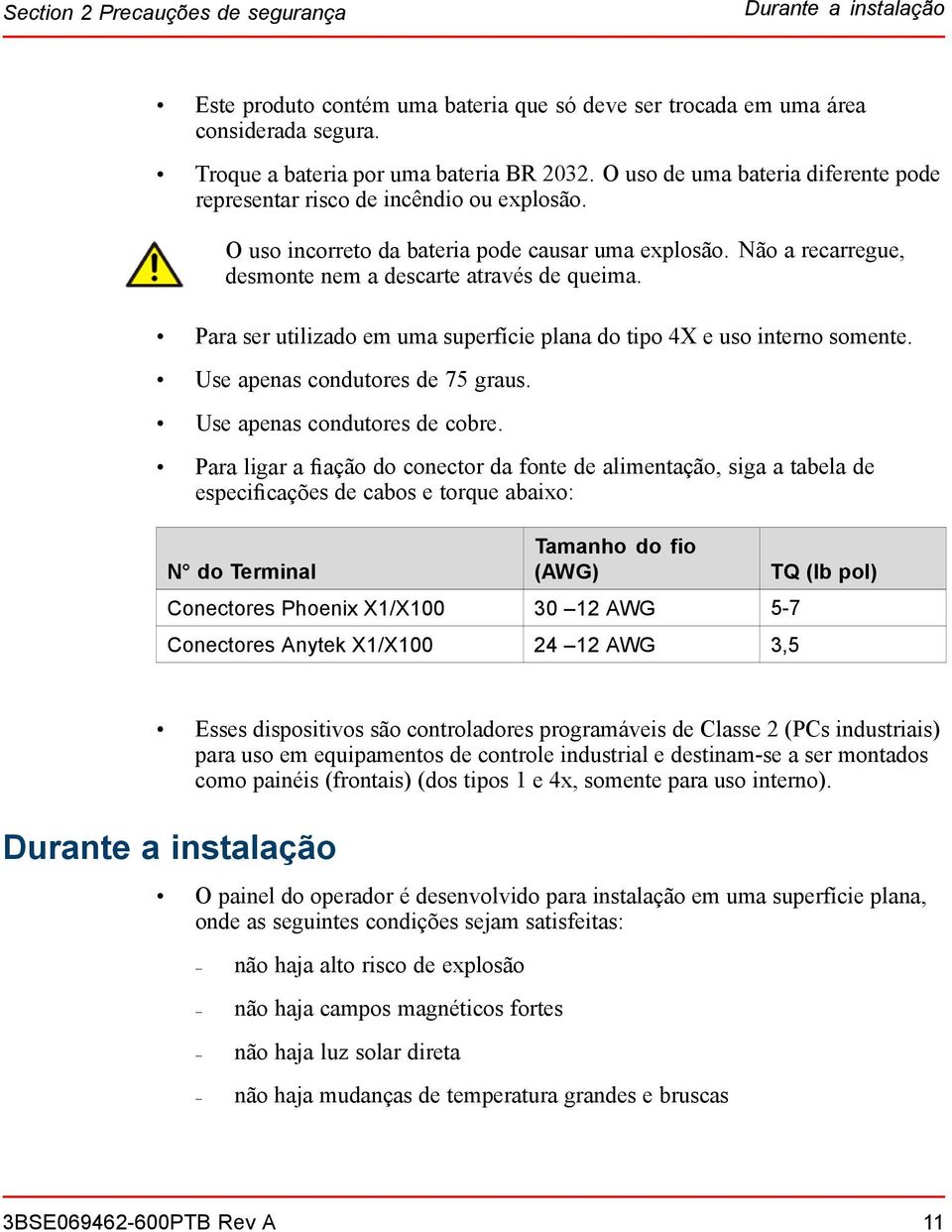 Para ser utilizado em uma superfície plana do tipo 4X e uso interno somente. Use apenas condutores de 75 graus. Use apenas condutores de cobre.