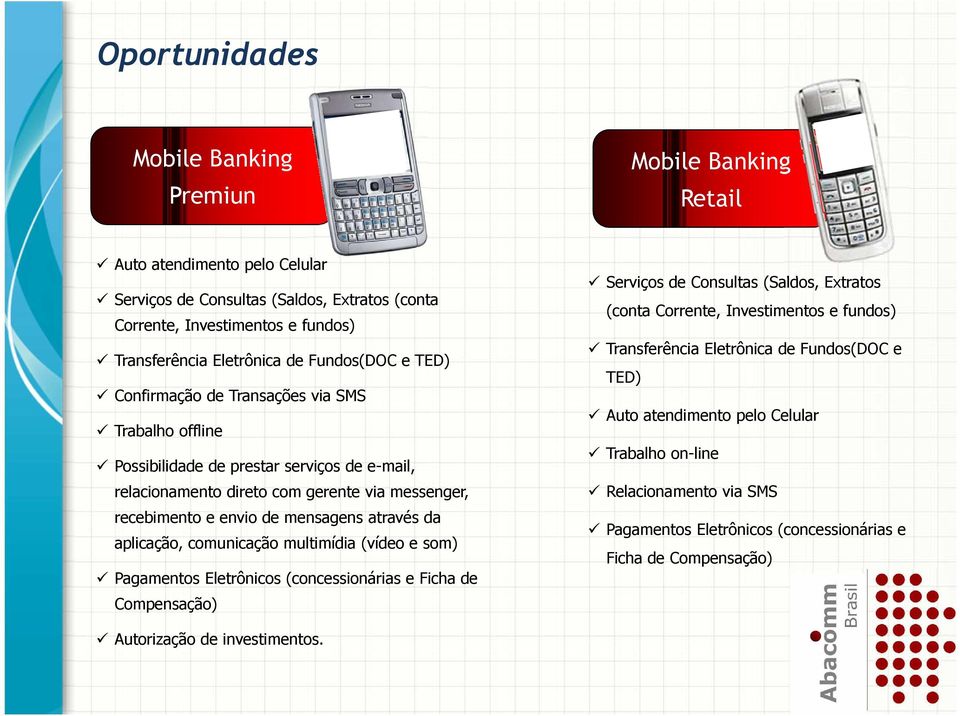 através da aplicação, comunicação multimídia (vídeo e som) Pagamentos Eletrônicos (concessionárias e Ficha de Compensação) Serviços de Consultas (Saldos, Extratos (conta Corrente, Investimentos e