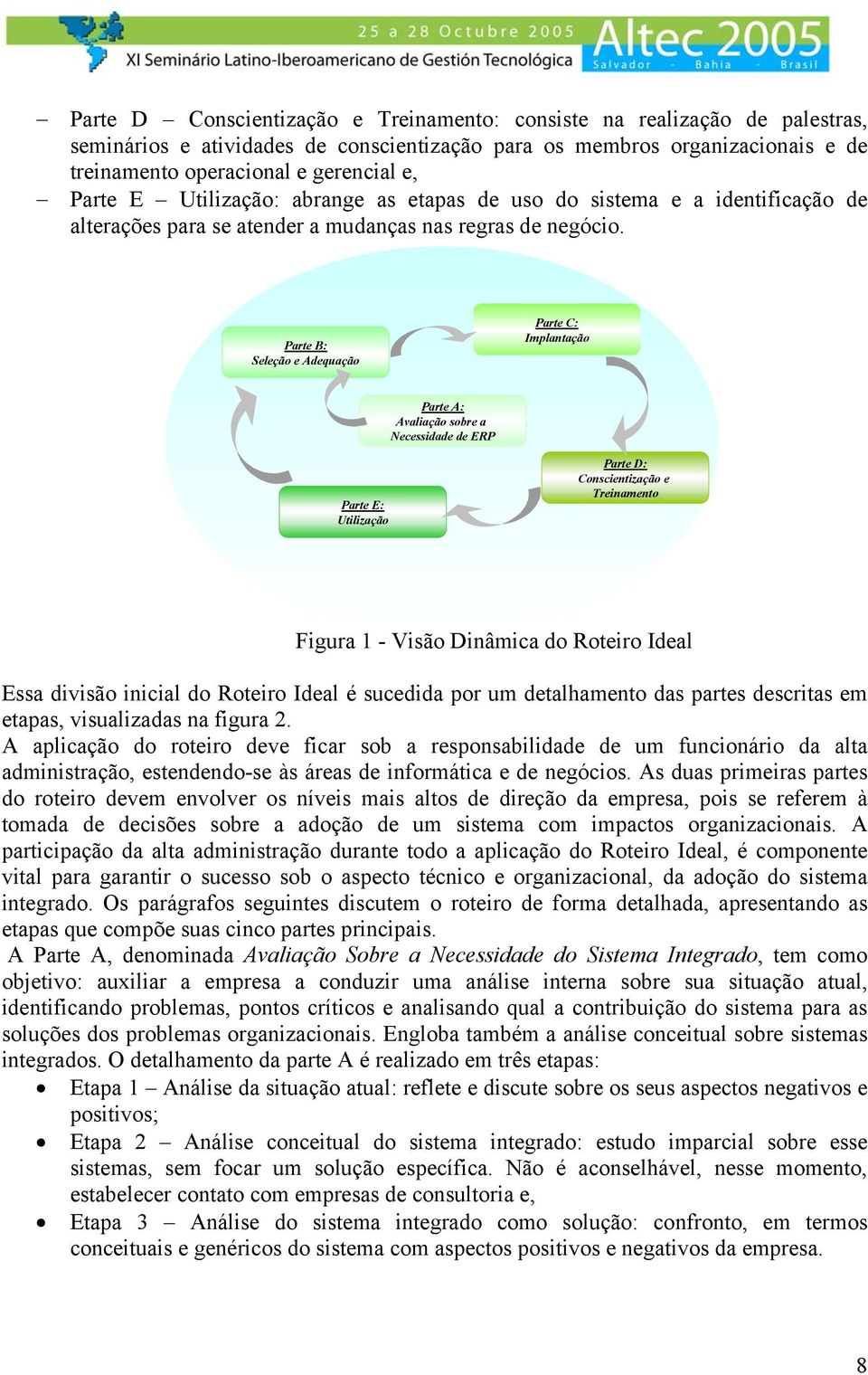 Parte B: Seleção e Adequação Parte C: Implantação Parte A: Avaliação sobre a Necessidade de ERP Parte E: Utilização Parte D: Conscientização e Treinamento Figura 1 - Visão Dinâmica do Roteiro Ideal