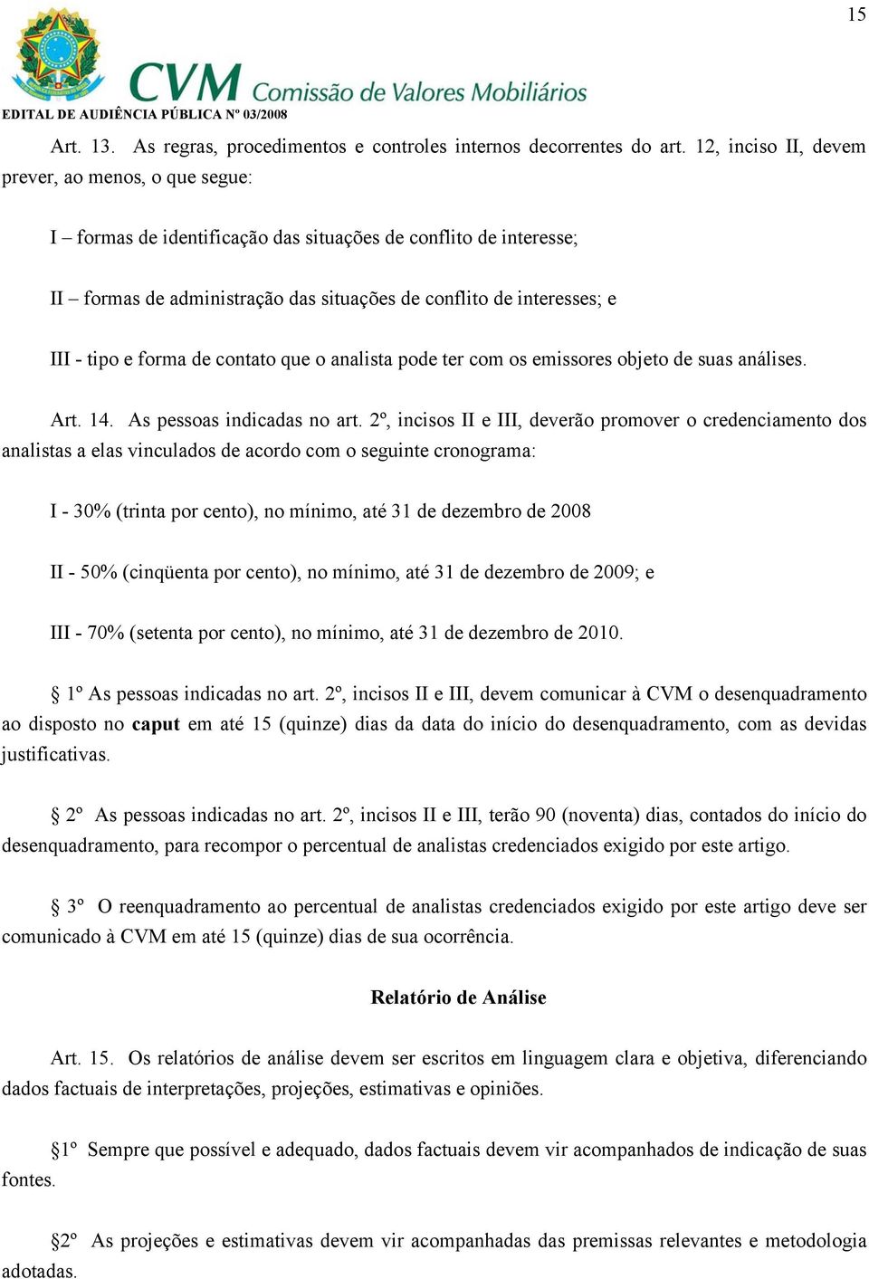 e forma de contato que o analista pode ter com os emissores objeto de suas análises. Art. 14. As pessoas indicadas no art.