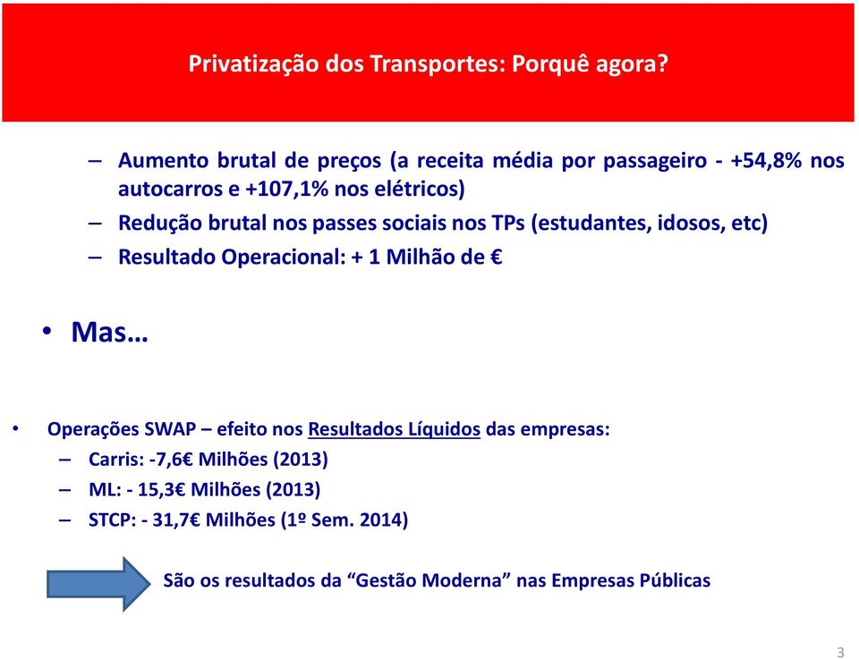 brutal nos passes sociais nos TPs (estudantes, idosos, etc) Resultado Operacional: + 1 Milhão de Mas Operações SWAP