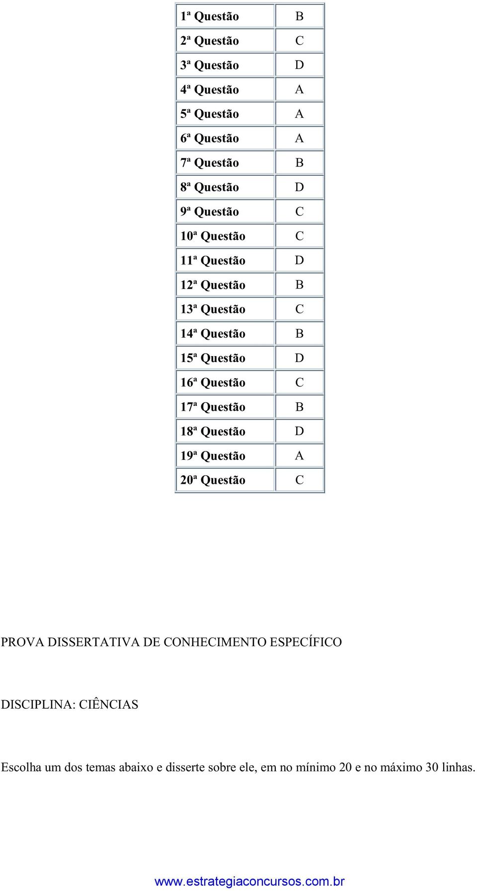 C 17ª Questão B 18ª Questão D 19ª Questão A 20ª Questão C PROVA DISSERTATIVA DE CONHECIMENTO ESPECÍFICO