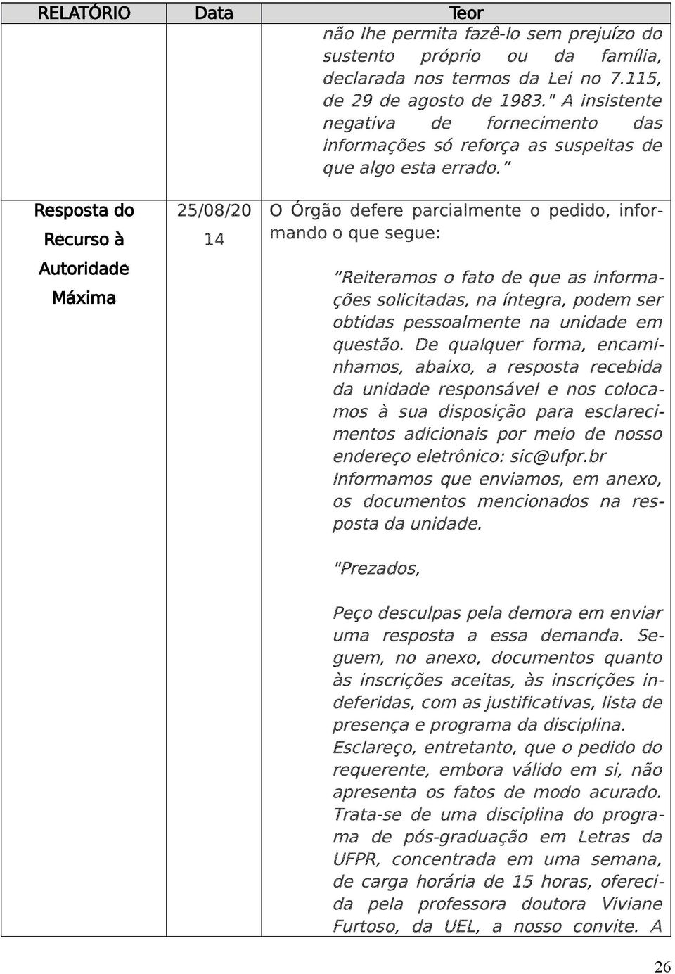 Resposta do Recurso à Autoridade Máxima 25/08/20 14 O Órgão defere parcialmente o pedido, informando o que segue: Reiteramos o fato de que as informações solicitadas, na íntegra, podem ser obtidas