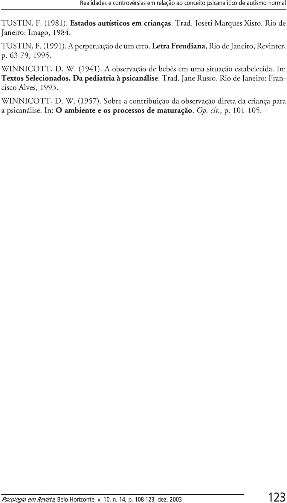 A observação de bebês em uma situação estabelecida. In: Textos Selecionados. Da pediatria à psicanálise. Trad. Jane Russo. Rio de Janeiro: Francisco Alves, 1993. WINNICOTT, D. W. (1957).