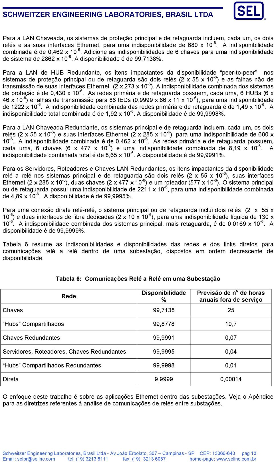 Para a LAN de HUB Redundante, os itens impactantes da disponibilidade peer-to-peer nos sistemas de proteção principal ou de retaguarda são dois relés (2 x 55 x 10-6 ) e as falhas não de transmissão