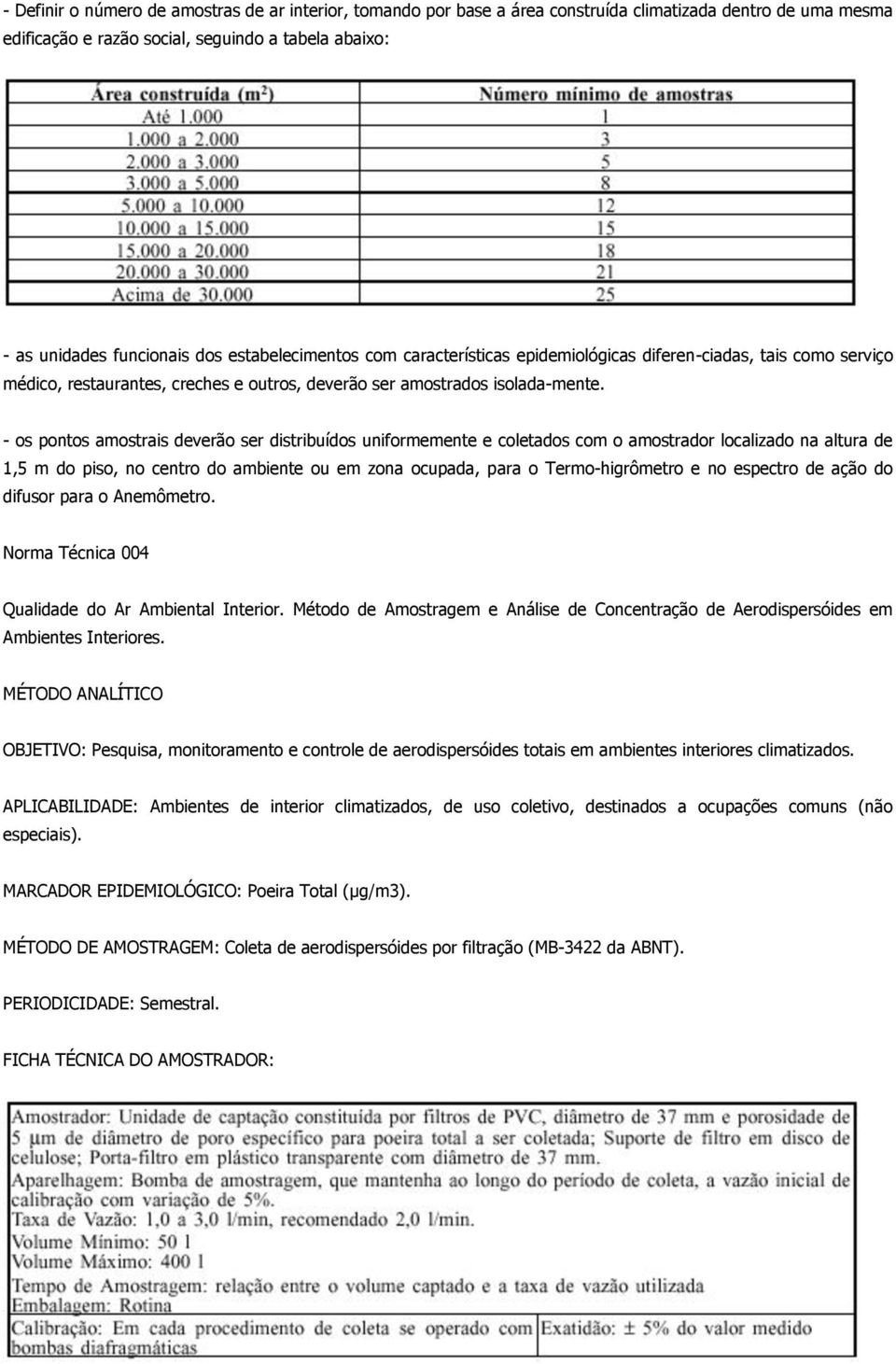 - os pontos amostrais deverão ser distribuídos uniformemente e coletados com o amostrador localizado na altura de 1,5 m do piso, no centro do ambiente ou em zona ocupada, para o Termo-higrômetro e no