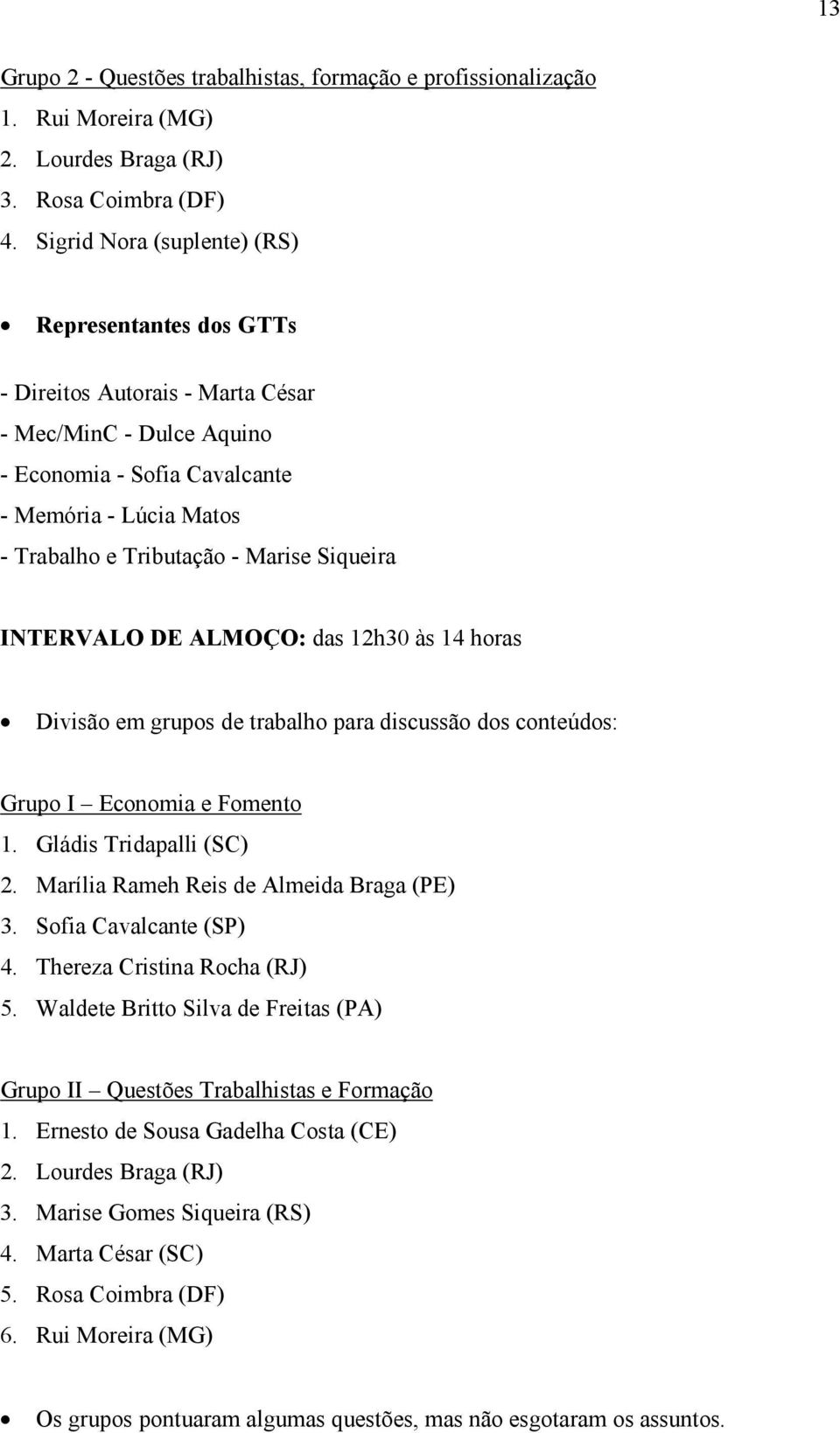 Siqueira INTERVALO DE ALMOÇO: das 12h30 às 14 horas Divisão em grupos de trabalho para discussão dos conteúdos: Grupo I Economia e Fomento 1. Gládis Tridapalli (SC) 2.