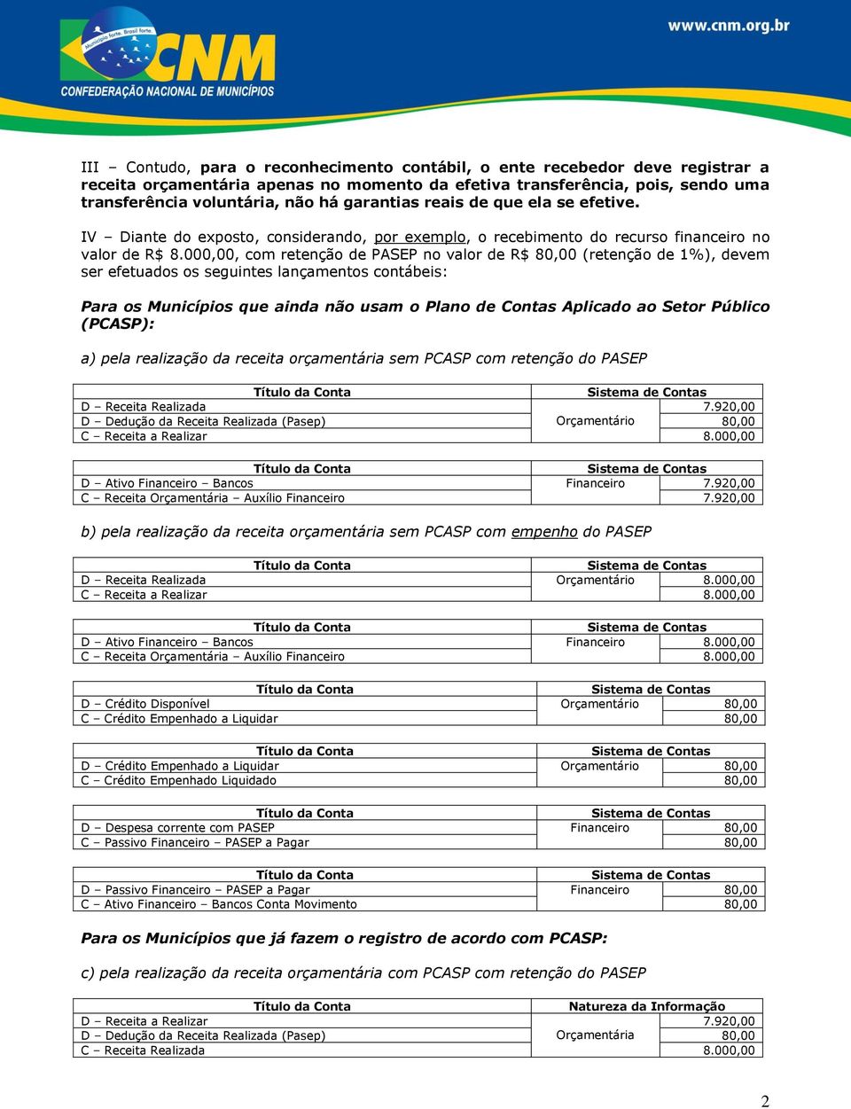 000,00, com retenção de PASEP no valor de R$ 80,00 (retenção de 1%), devem ser efetuados os seguintes lançamentos contábeis: Para os Municípios que ainda não usam o Plano de Contas Aplicado ao Setor