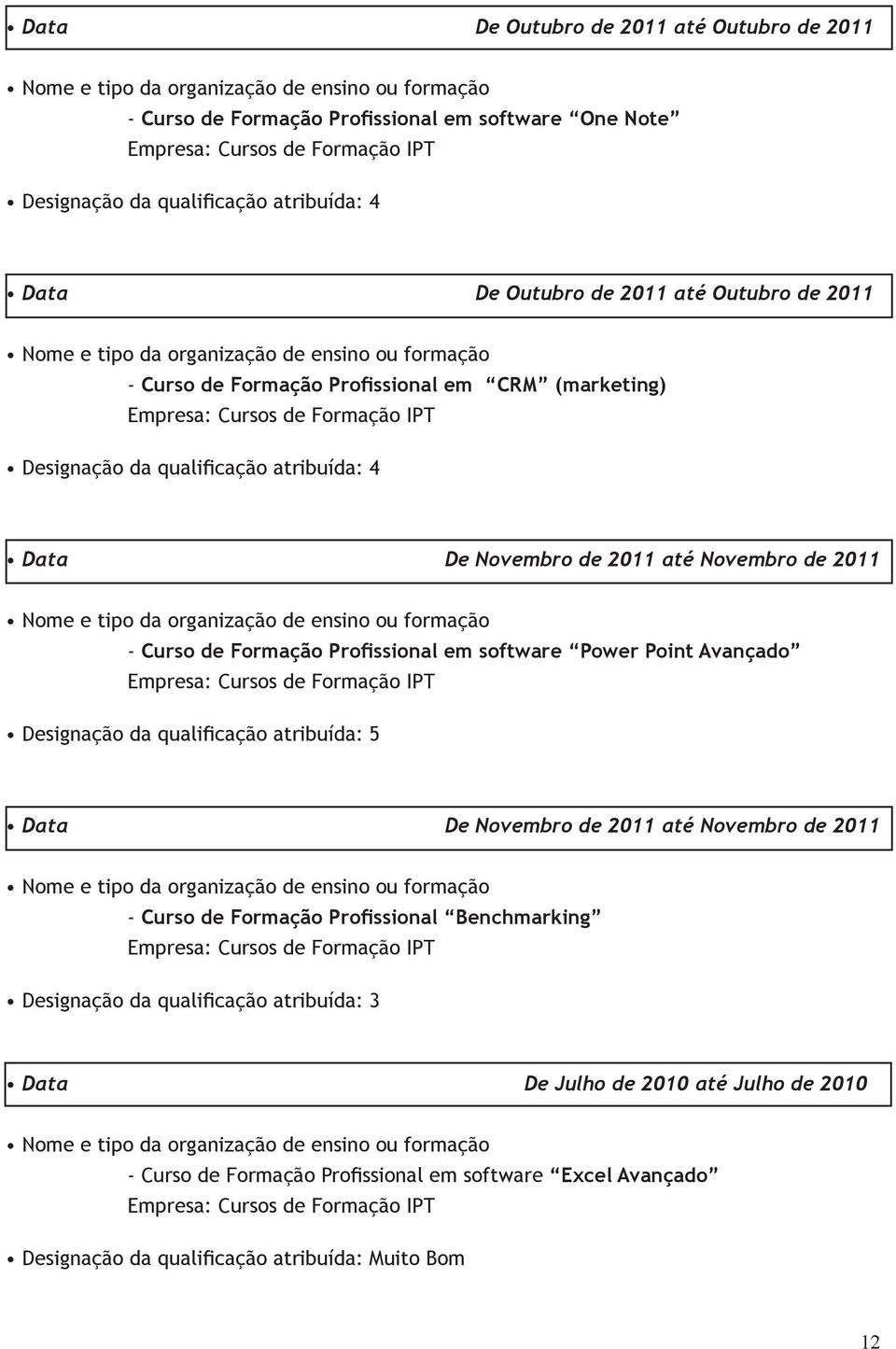 em software Power Point Avançado Designação da qualificação atribuída: 5 Data De Novembro de 2011 até Novembro de 2011 - Curso de Formação Profissional Benchmarking Designação