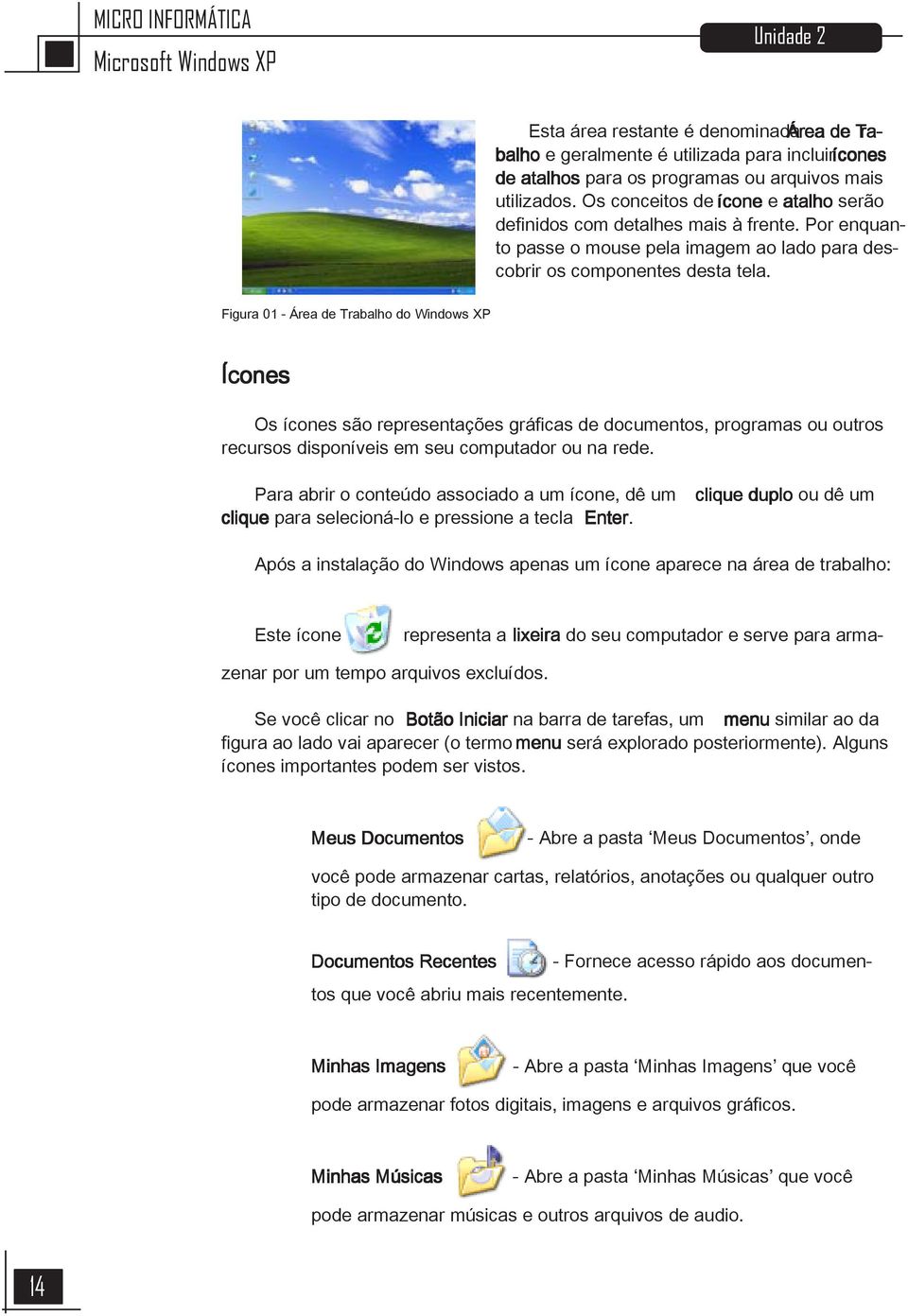 Figura 01 - Área de Trabalho do Windows XP Ícones Os ícones são representações gráficas de documentos, programas ou outros recursos disponíveis em seu computador ou na rede.