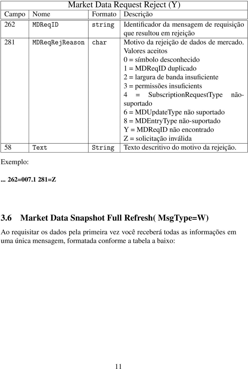 não suportado 8 = MDEntryType não-suportado Y = MDReqID não encontrado Z = solicitação inválida 58 Text String Texto descritivo do motivo da rejeição. Exemplo:... 262=007.1 281=Z 3.