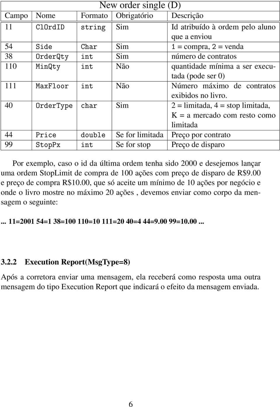 40 OrderType char Sim 2 = limitada, 4 = stop limitada, K = a mercado com resto como limitada 44 Price double Se for limitada Preço por contrato 99 StopPx int Se for stop Preço de disparo Por exemplo,