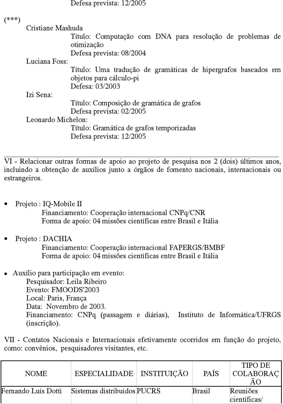 temporizadas Defesa prevista: 12/2005 VI - Relacionar outras formas de apoio ao projeto de pesquisa nos 2 (dois) últimos anos, incluindo a obtenção de auxílios junto a órgãos de fomento nacionais,