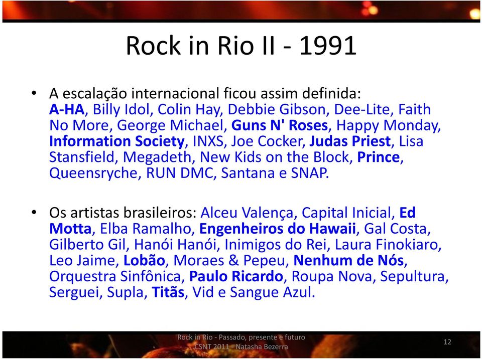 SNAP. Os artistas brasileiros: Alceu Valença, Capital Inicial, Ed Motta, Elba Ramalho, Engenheiros do Hawaii, Gal Costa, Gilberto Gil, Hanói Hanói, Inimigos do Rei,