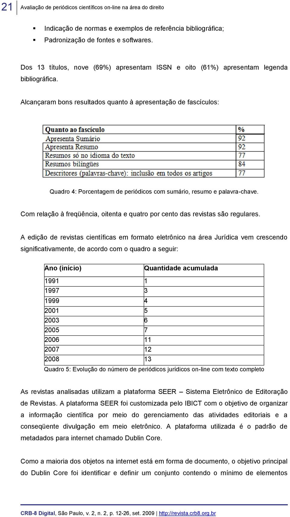 Alcançaram bons resultados quanto à apresentação de fascículos: Quadro 4: Porcentagem de periódicos com sumário, resumo e palavra-chave.