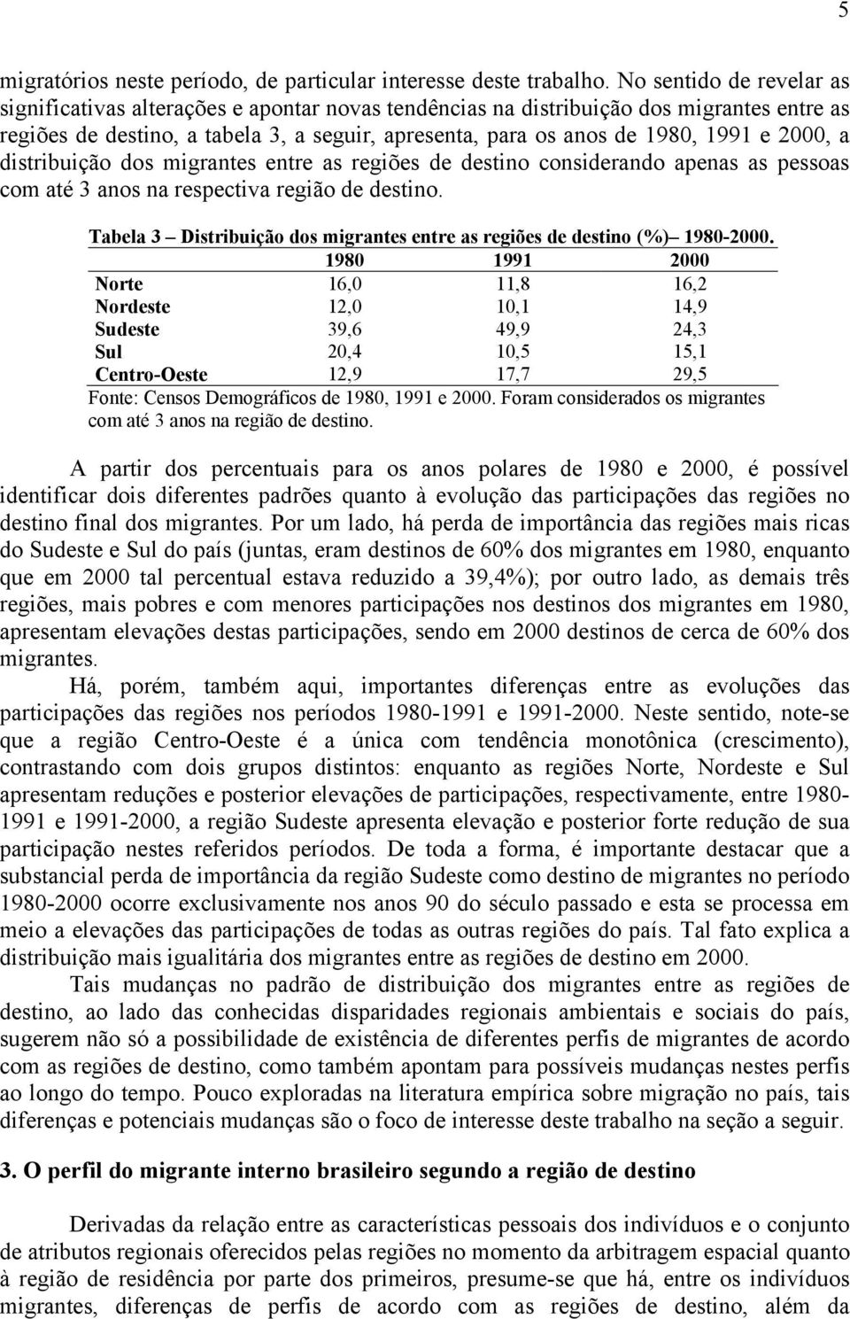 2000, a distribuição dos migrantes entre as regiões de destino considerando apenas as pessoas com até 3 anos na respectiva região de destino.