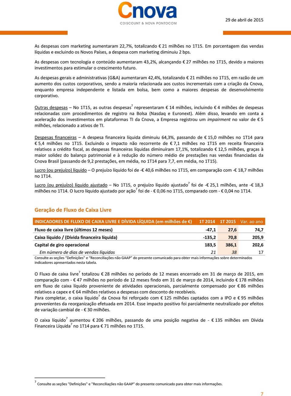 As despesas gerais e administrativas (G&A) aumentaram 42,4%, totalizando 21 milhões no 1T15, em razão de um aumento dos custos corporativos, sendo a maioria relacionada aos custos incrementais com a