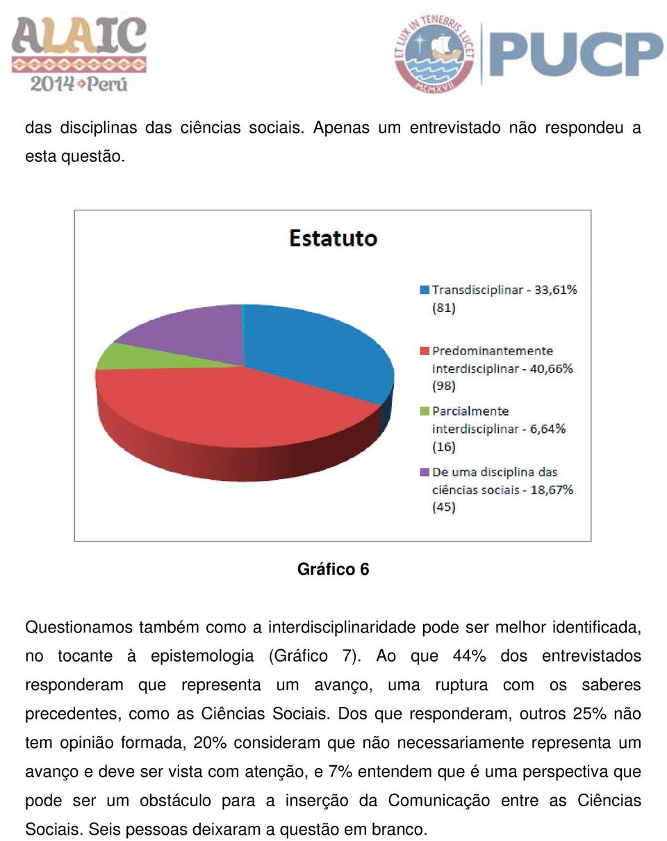 Ao que 44% dos entrevistados responderam que representa um avanço, uma ruptura com os saberes precedentes, como as Ciências Sociais.