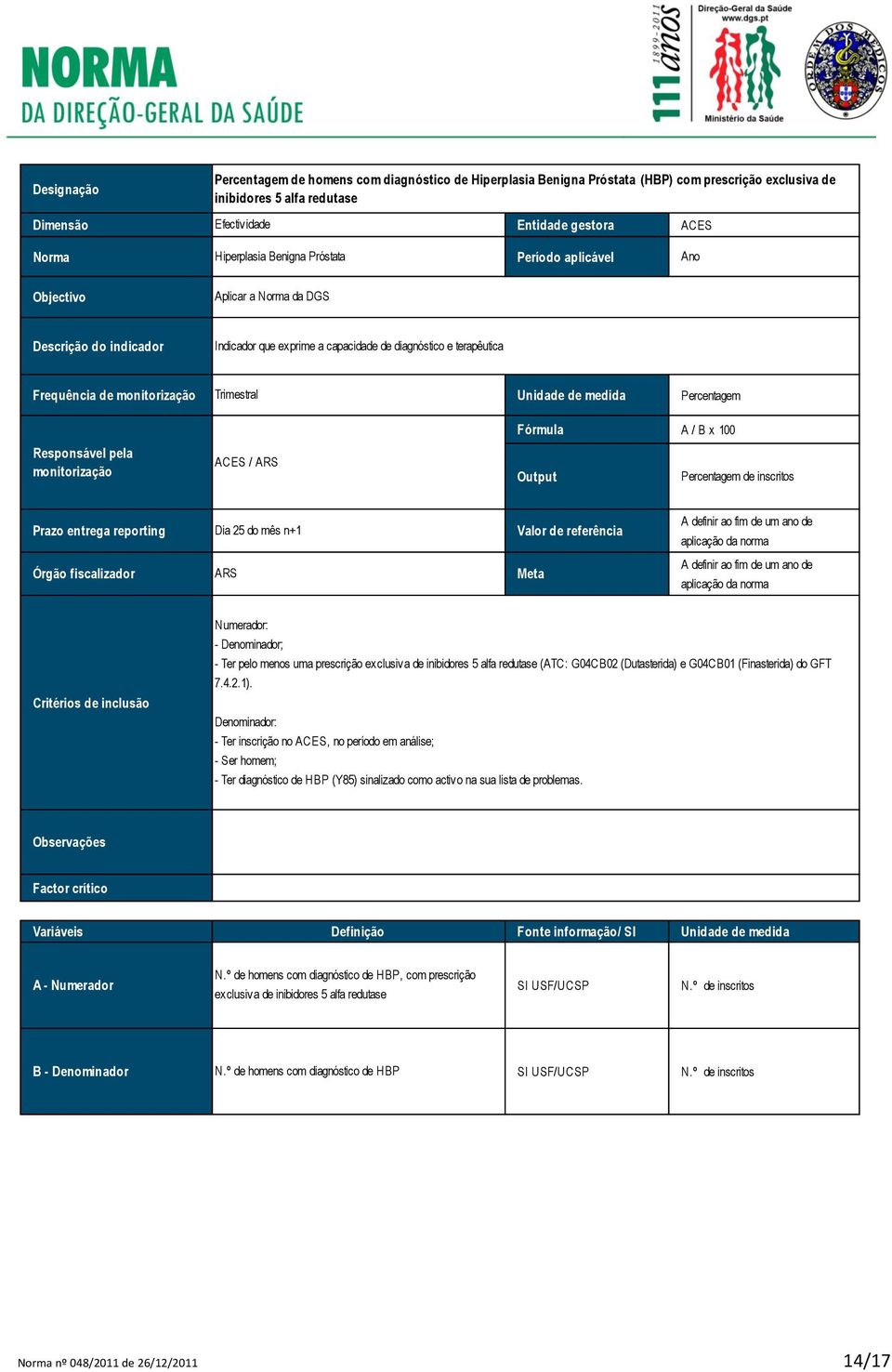 Trimestral Unidade de medida Percentagem Responsável pela monitorização ACES / ARS Fórmula A / B x 100 Output Percentagem de inscritos Prazo entrega reporting Dia 25 do mês n+1 Valor de referência A