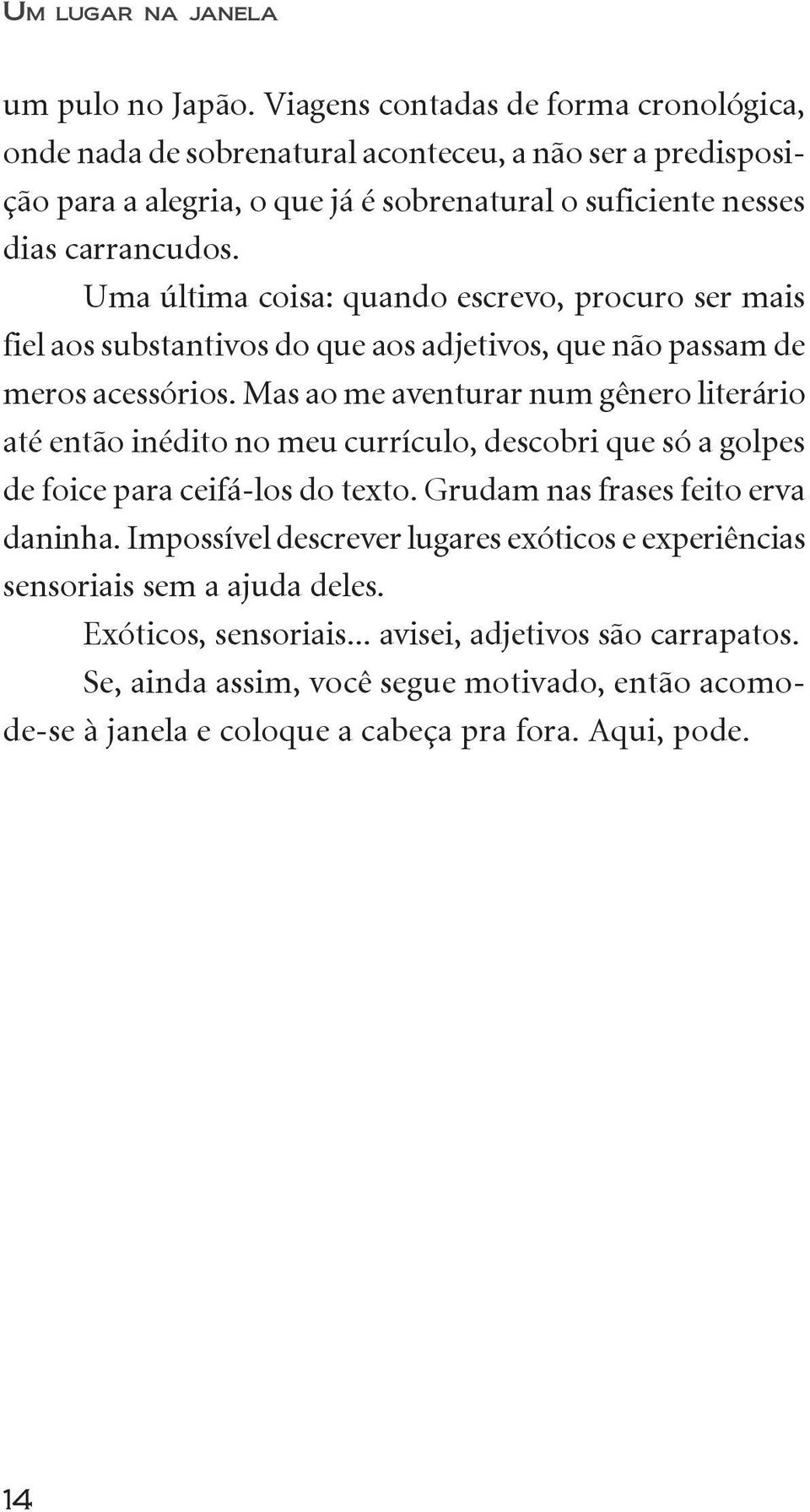 Uma última coisa: quando escrevo, procuro ser mais fiel aos substantivos do que aos adjetivos, que não passam de meros acessórios.