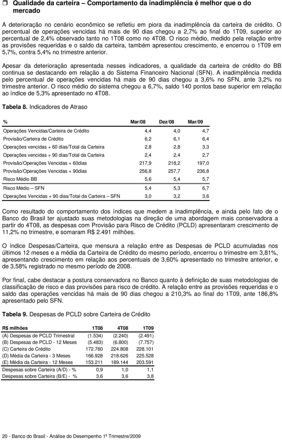 O risco médio, medido pela relação entre as provisões requeridas e o saldo da carteira, também apresentou crescimento, e encerrou o 1T09 em 5,7%, contra 5,4% no trimestre anterior.