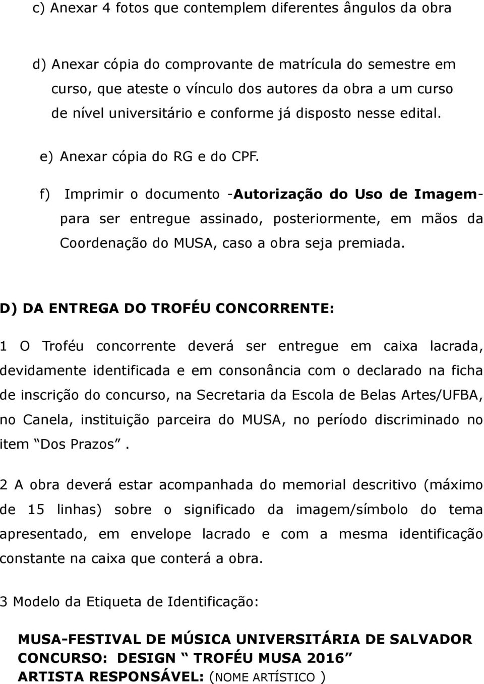 f) Imprimir o documento -Autorização do Uso de Imagem- para ser entregue assinado, posteriormente, em mãos da Coordenação do MUSA, caso a obra seja premiada.