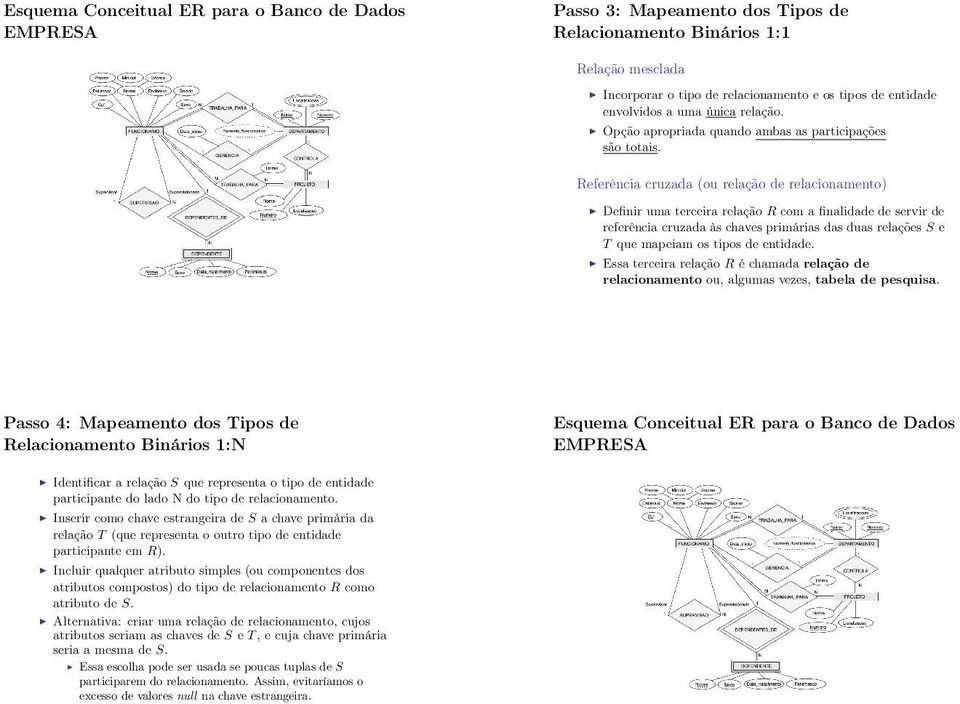 Referência cruzada (ou relação de relacionamento) Definir uma terceira relação R com a finalidade de servir de referência cruzada às chaves primárias das duas relações S e T que mapeiam os tipos de