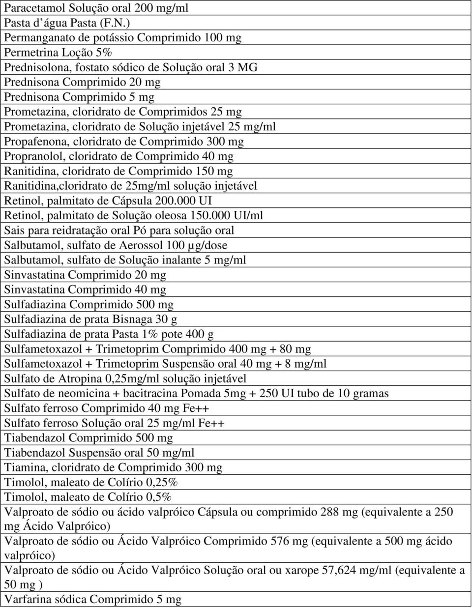 Comprimidos 25 mg Prometazina, cloridrato de Solução injetável 25 mg/ml Propafenona, cloridrato de Comprimido 300 mg Propranolol, cloridrato de Comprimido 40 mg Ranitidina, cloridrato de Comprimido