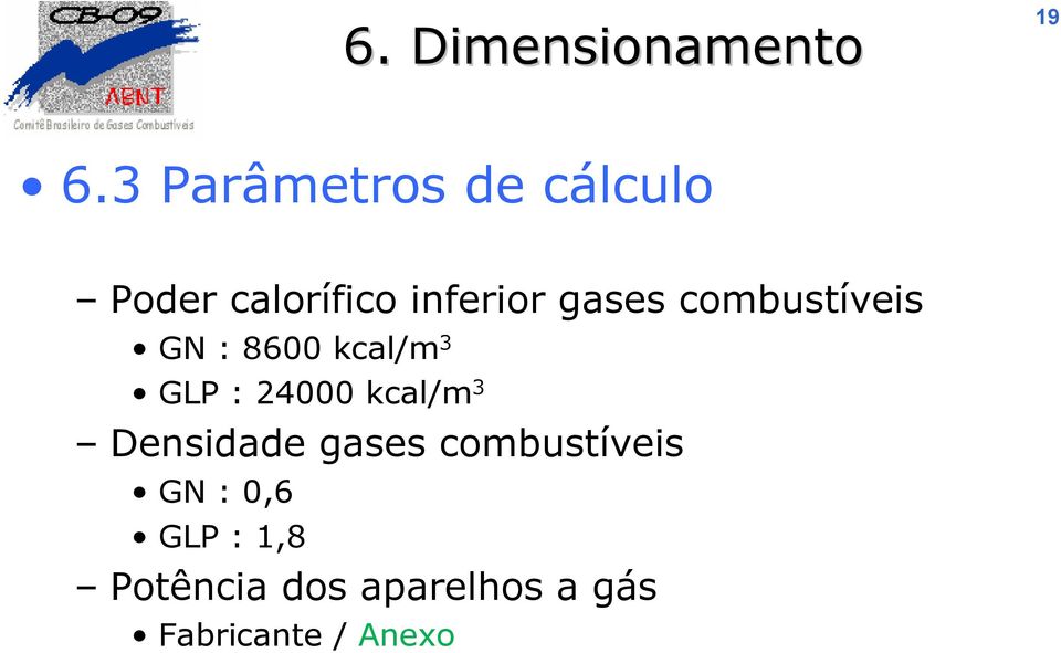 combustíveis GN : 8600 kcal/m 3 GLP : 24000 kcal/m 3