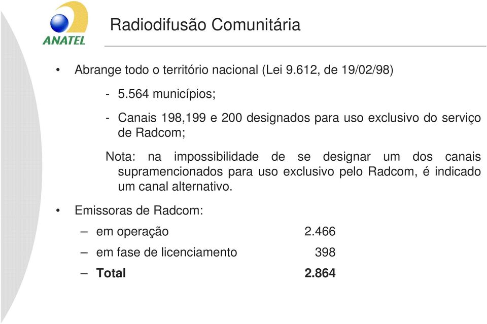 impossibilidade de se designar um dos canais supramencionados para uso exclusivo pelo Radcom, é