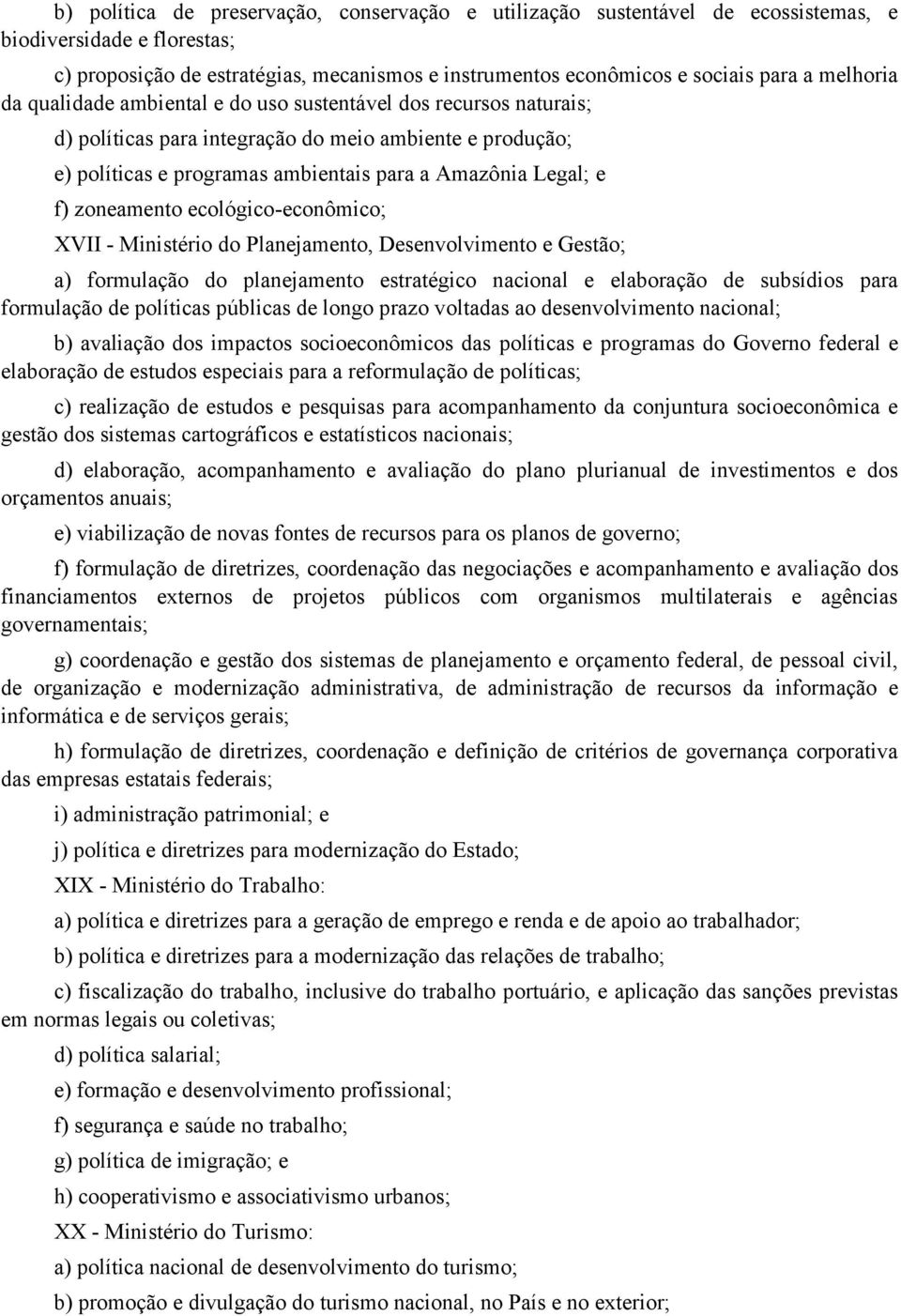 zoneamento ecológico-econômico; XVII - Ministério do Planejamento, Desenvolvimento e Gestão; a) formulação do planejamento estratégico nacional e elaboração de subsídios para formulação de políticas