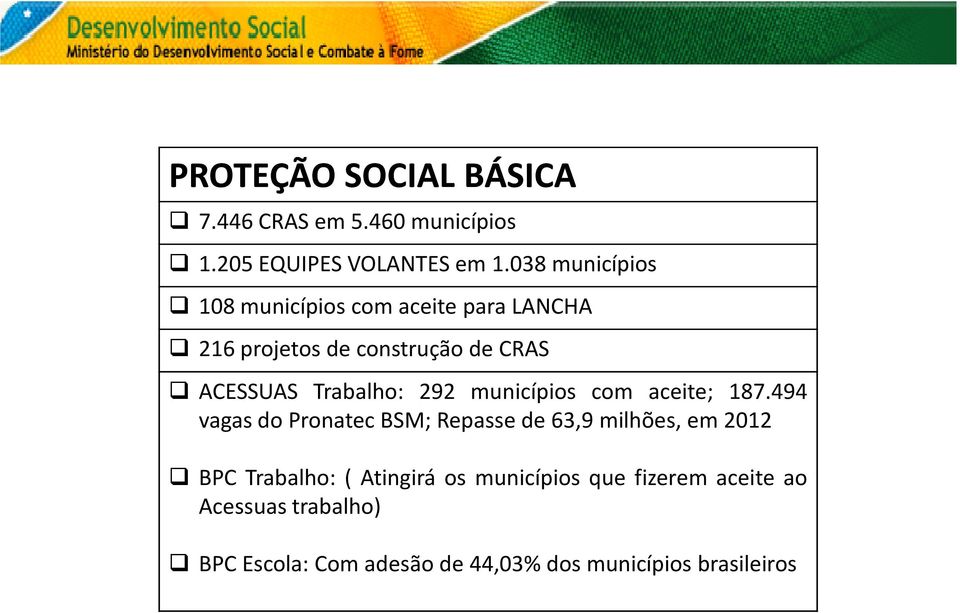 Trabalho: 292 municípios com aceite; 187.