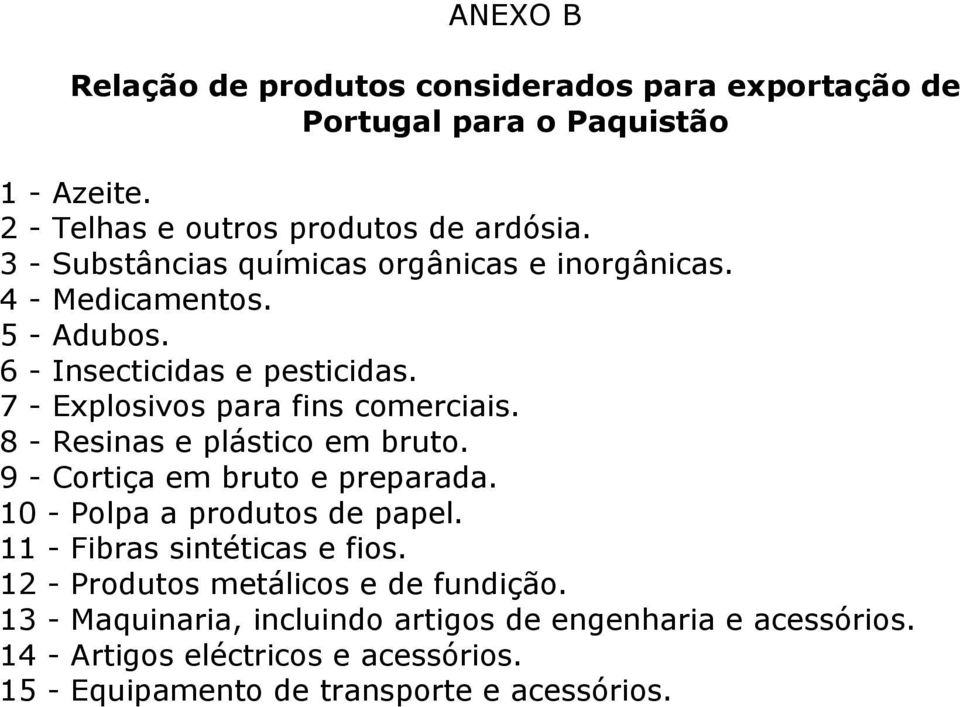 8 - Resinas e plástico em bruto. 9 - Cortiça em bruto e preparada. 10 - Polpa a produtos de papel. 11 - Fibras sintéticas e fios.