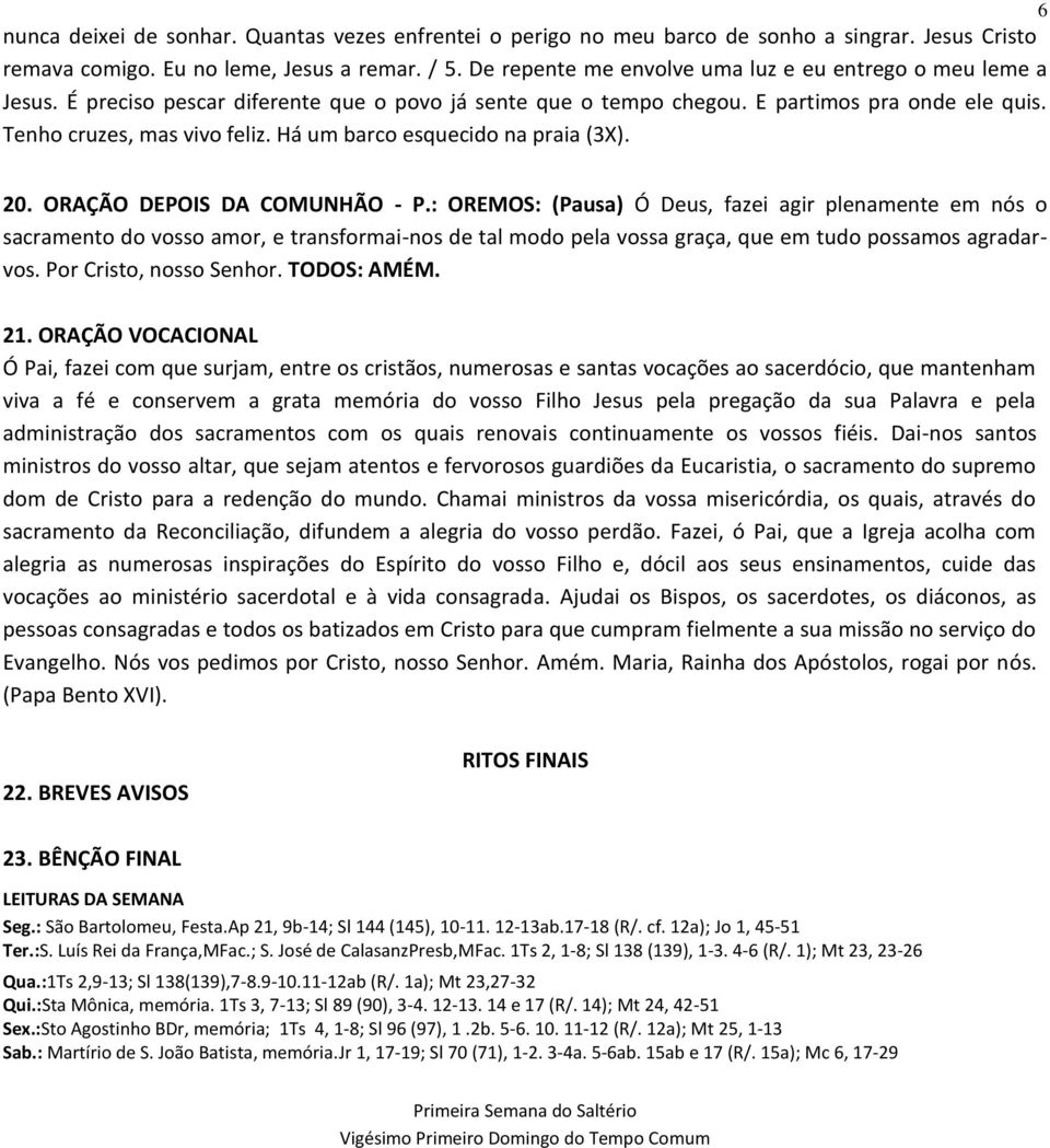 Há um barco esquecido na praia (3X). 20. ORAÇÃO DEPOIS DA COMUNHÃO - P.