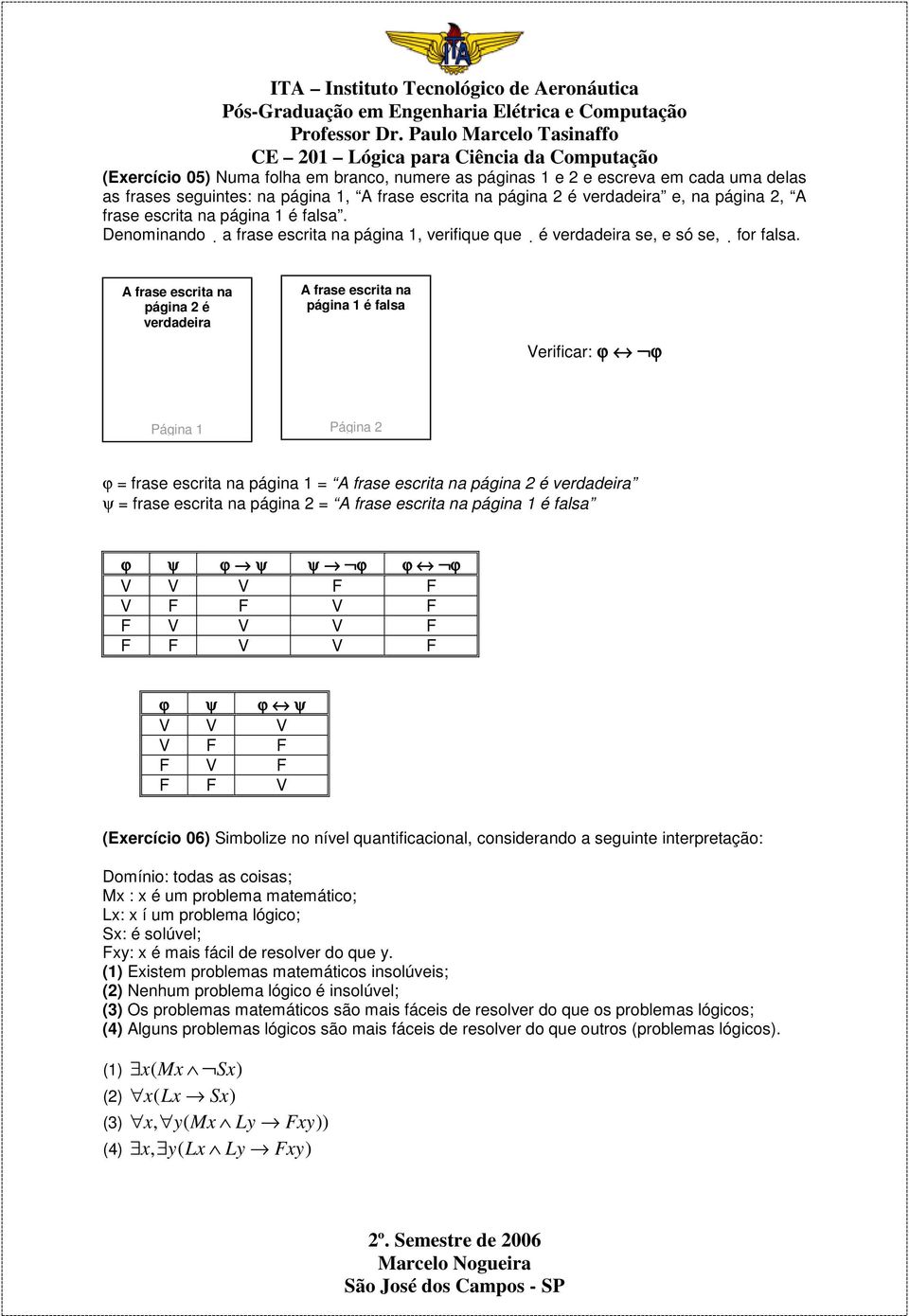 A frase escrita na página 2 é verdadeira A frase escrita na página 1 é falsa Verificar: ϕ ϕ Página 1 Página 2 ϕ = frase escrita na página 1 = A frase escrita na página 2 é verdadeira ψ = frase