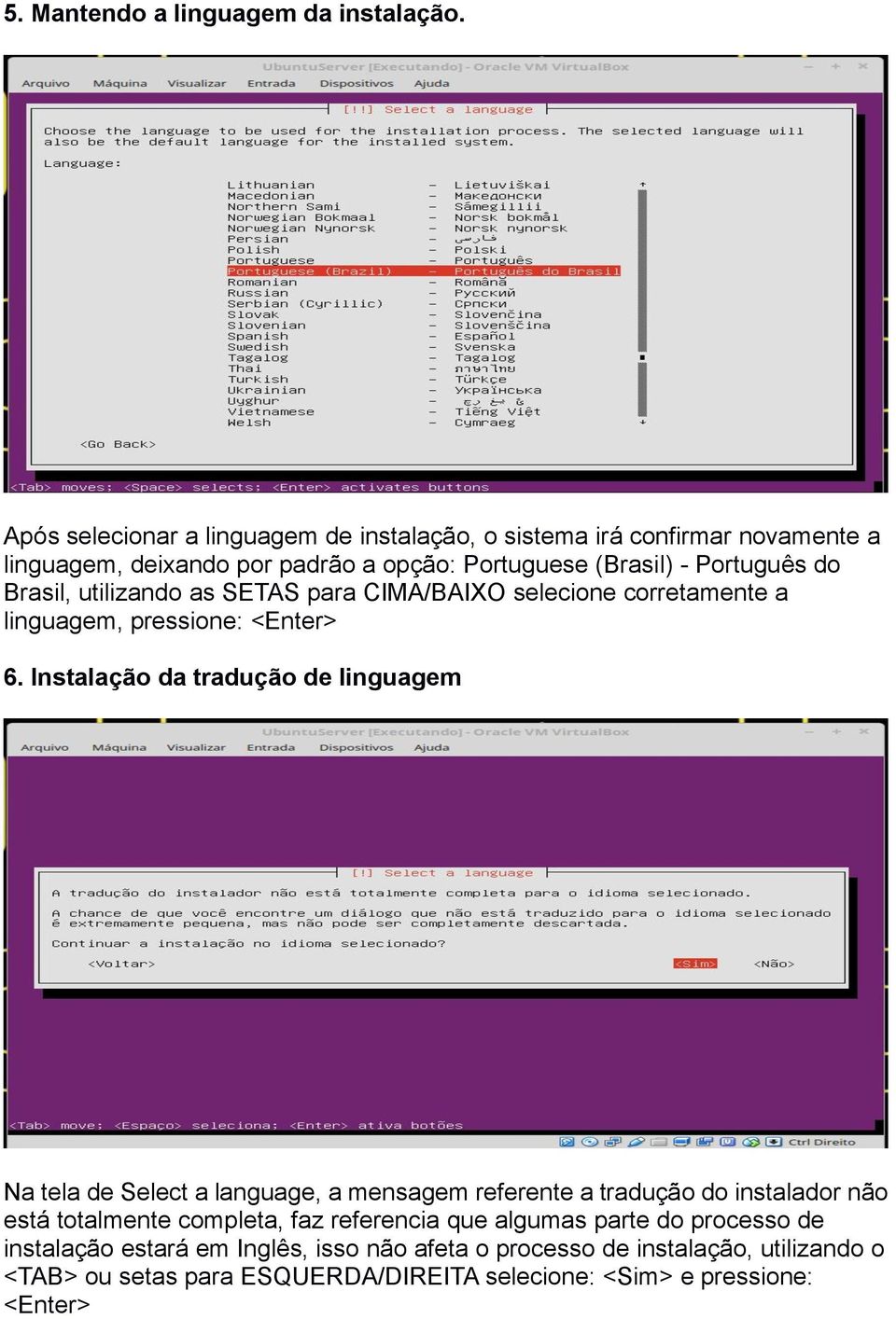 Brasil, utilizando as SETAS para CIMA/BAIXO selecione corretamente a linguagem, pressione: <Enter> 6.