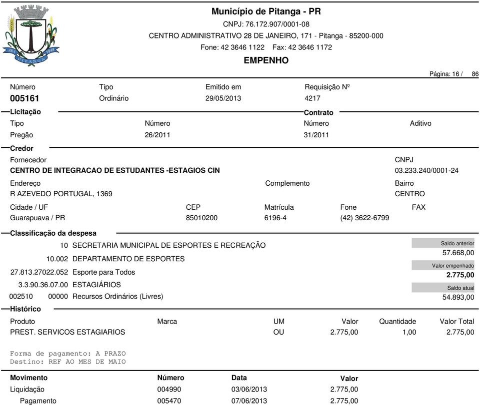 27022.052 Esporte para Todos 3.3.90.36.07.00 ESTAGIÁRIOS 002510 00000 Recursos Ordinários (Livres) 57.668,00 2.775,00 54.893,00 PREST.