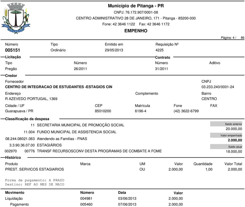 08021.063 Atendendo as Familias - FNAS 3.3.90.36.07.00 ESTAGIÁRIOS 002970 00776 TRANSF RECURSOSCONV DESTA PROGRAMAS DE COMBATE A FOME 20.000,00 2.000,00 18.