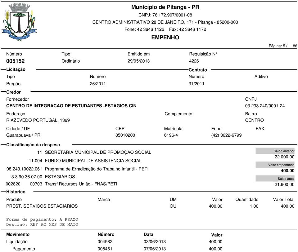 10022.061 Programa de Erradicação do Trabalho Infantil - PETI 3.3.90.36.07.00 ESTAGIÁRIOS 002820 00703 Transf Recursos União - FNAS/PETI 22.