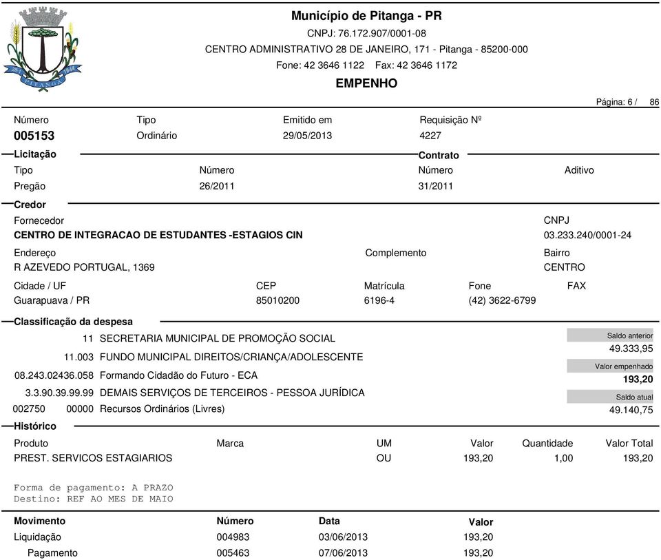 243.02436.058 Formando Cidadão do Futuro - ECA 3.3.90.39.99.99 DEMAIS SERVIÇOS DE TERCEIROS - PESSOA JURÍDICA 002750 00000 Recursos Ordinários (Livres) 49.