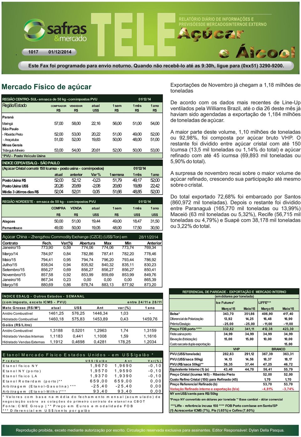 Veículo Usina Etanol Mercado Físico Estados Unidos - em US$/galão * P roduto US$ /Galão A nt Var(%) Etanol físico NY 1,9670 1,9690-0,10 Etanol NY (porto) 1,9570 1,9590-0,10 Etanol físico LA 1,9370