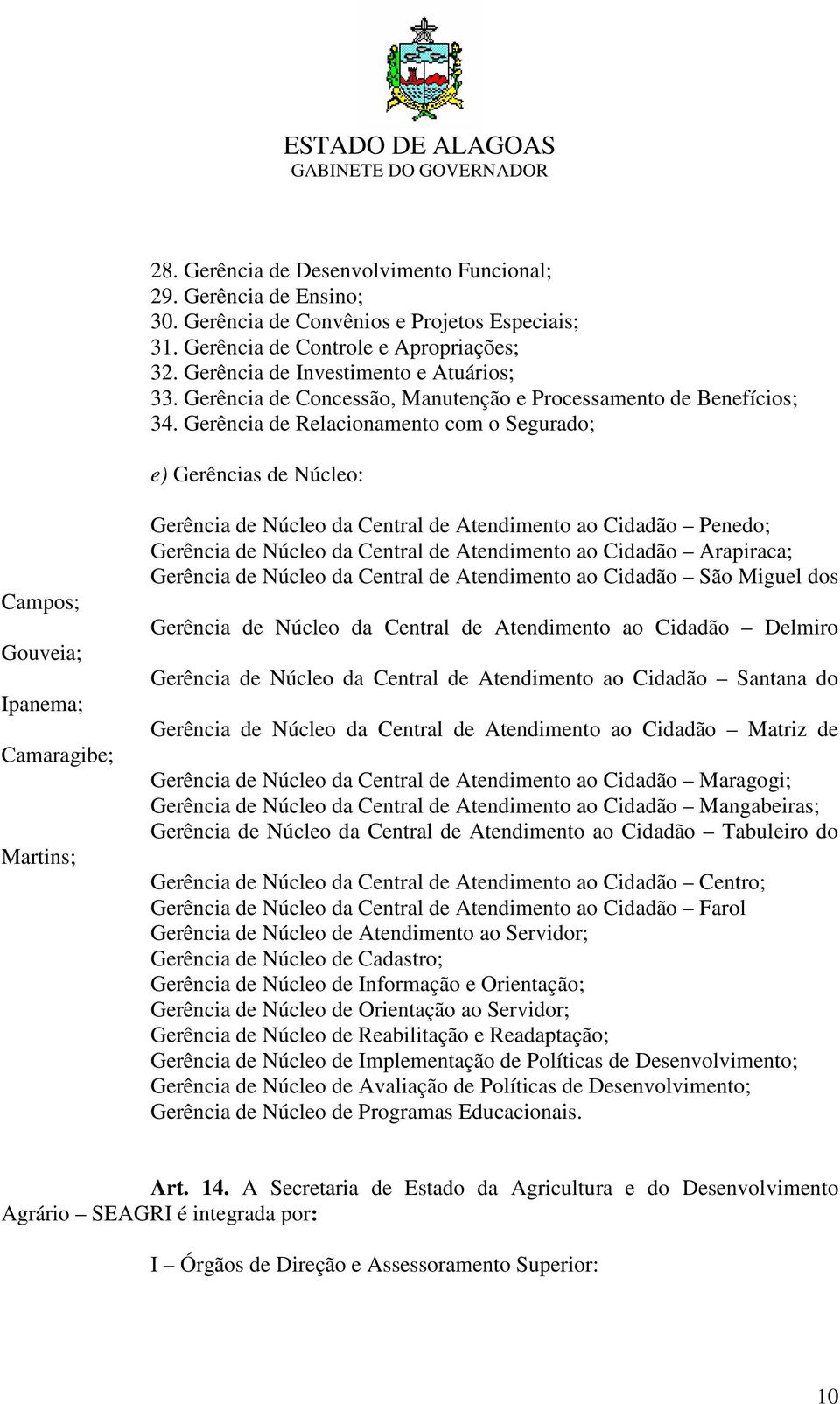 Gerência de Relacionamento com o Segurado; e) Gerências de Núcleo: Campos; Gouveia; Ipanema; Camaragibe; Martins; Gerência de Núcleo da Central de Atendimento ao Cidadão Penedo; Gerência de Núcleo da