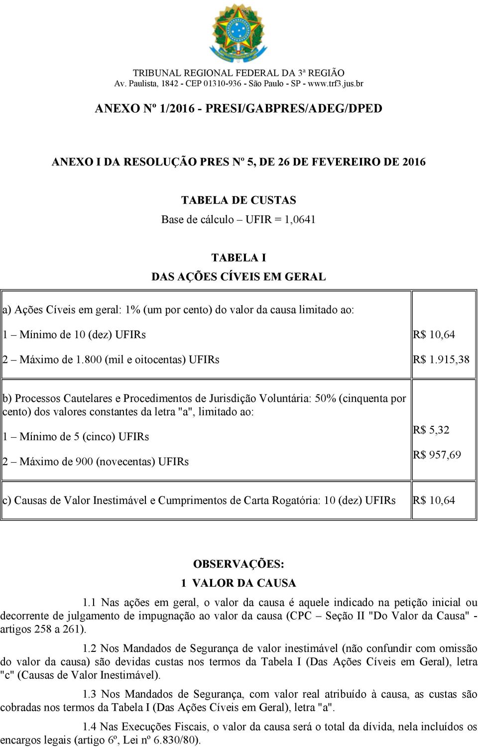 Cíveis em geral: 1% (um por cento) do valor da causa limitado ao: 1 Mínimo de 10 (dez) UFIRs 2 Máximo de 1.800 (mil e oitocentas) UFIRs R$ 10,64 R$ 1.