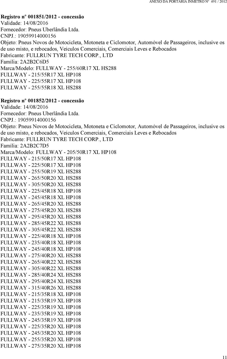 Validade: 14/08/2016 Fornecedor: Pneus Uberlândia Ltda. CNPJ.: 19059914000156 Fabricante: FULLRUN TYRE TECH CORP.