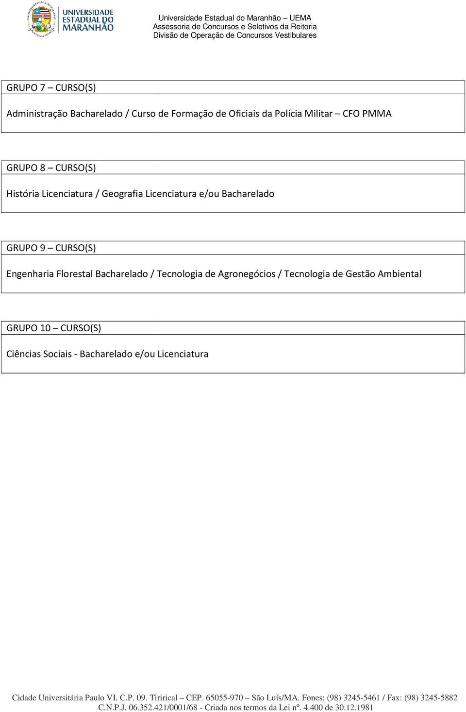 Bacharelado GRUPO 9 CURSO(S) Engenharia Florestal Bacharelado / Tecnologia de Agronegócios