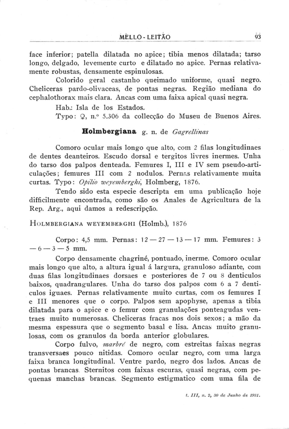 Região mediana d o cephalothorax mais clara. Ancas com uma faixa apical quasi negra. Hab.: Isla de los Estados.. Typo :, n. 5.306 da collecção do Museu de Buenos Aires. Holmbergiana g. n. de Gagrellina s Comoro ocular mais longo que alto, com 2 filas longitudinaes de dentes deanteiros.